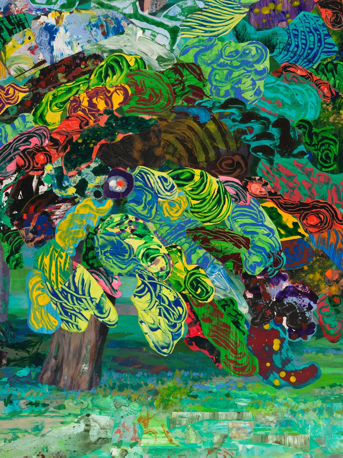 The Eyed Tree 6 (detail), 2017, acrylic, collage, oil on canvas, 56" x 48"
