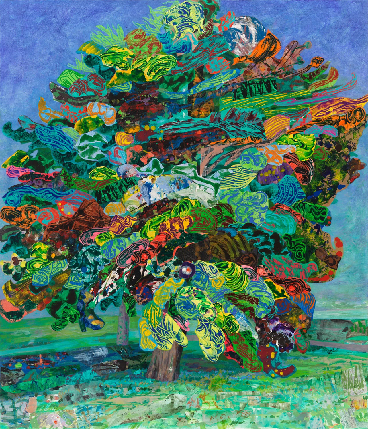 The Eyed Tree 6, 2017, acrylic, collage, oil on canvas, 56" x 48"