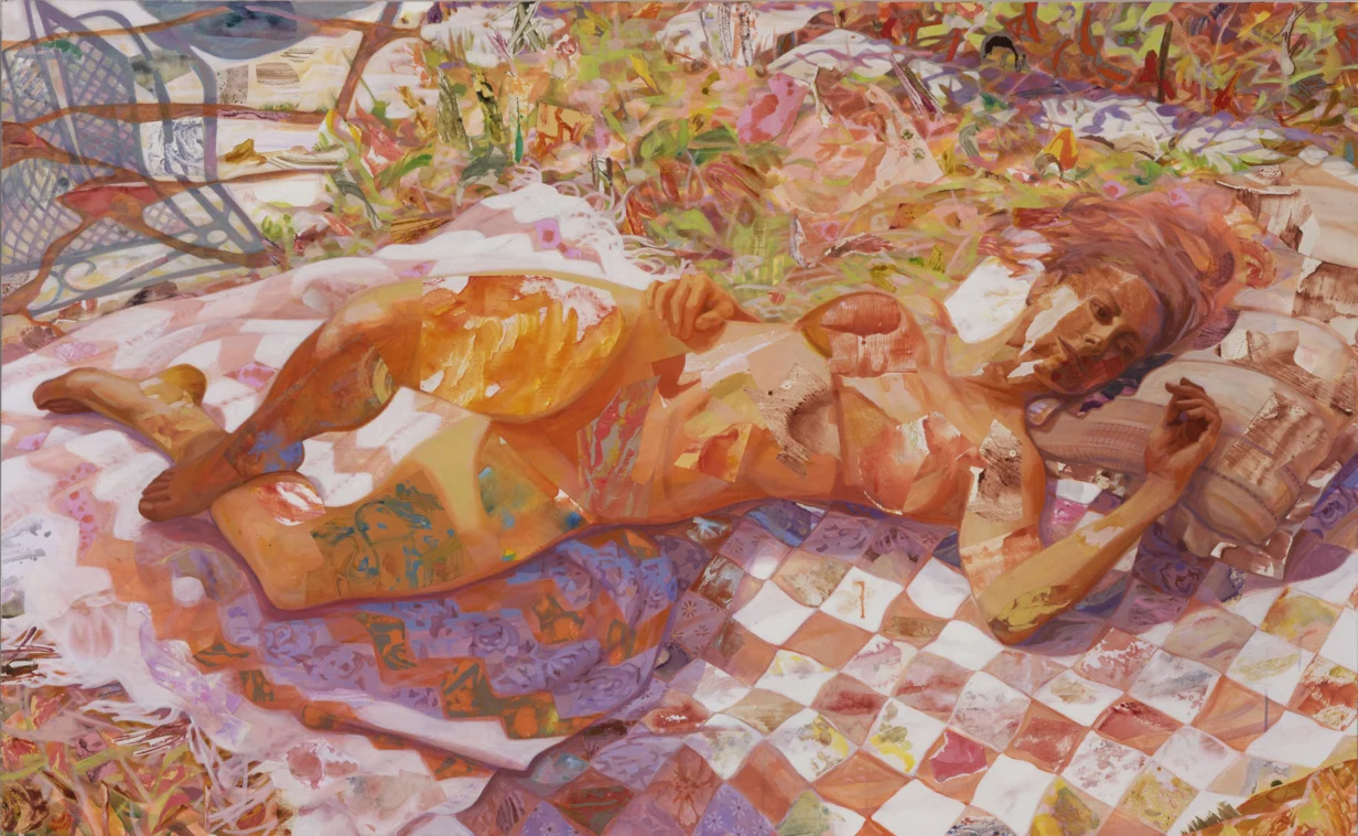 Moves in the Shadows, 2004, acrylic, oil, collage on canvas, 42" x 68"