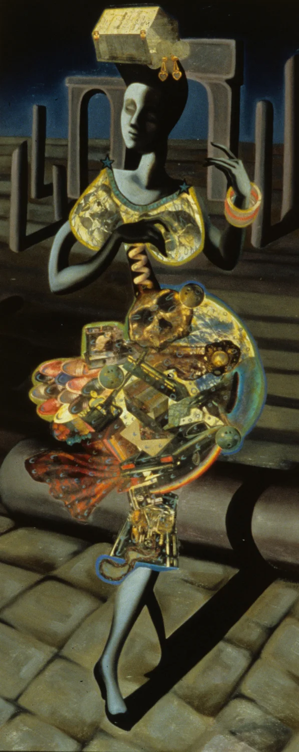 Miss Plaka, 1987, oil, collage on panel, 70" x 30.5"