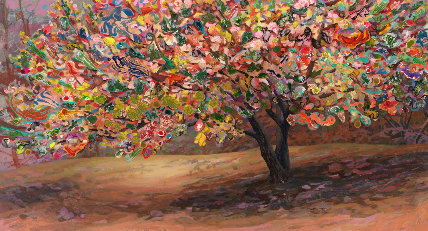 The Eyed Tree, 2012, acrylic, collage, oil on canvas, 31" x 58"