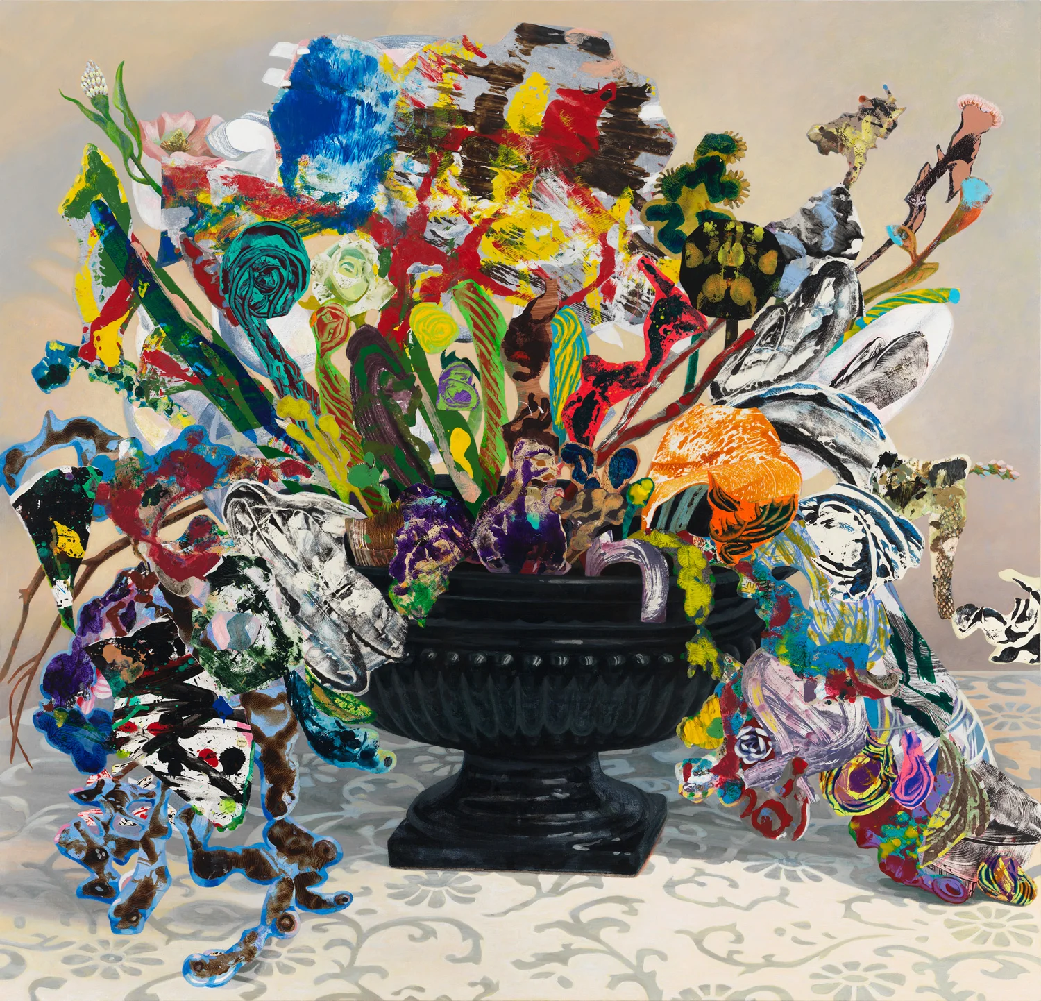 Black Urn, 2016, acrylic, collage, oil on canvas, 46" x 48"