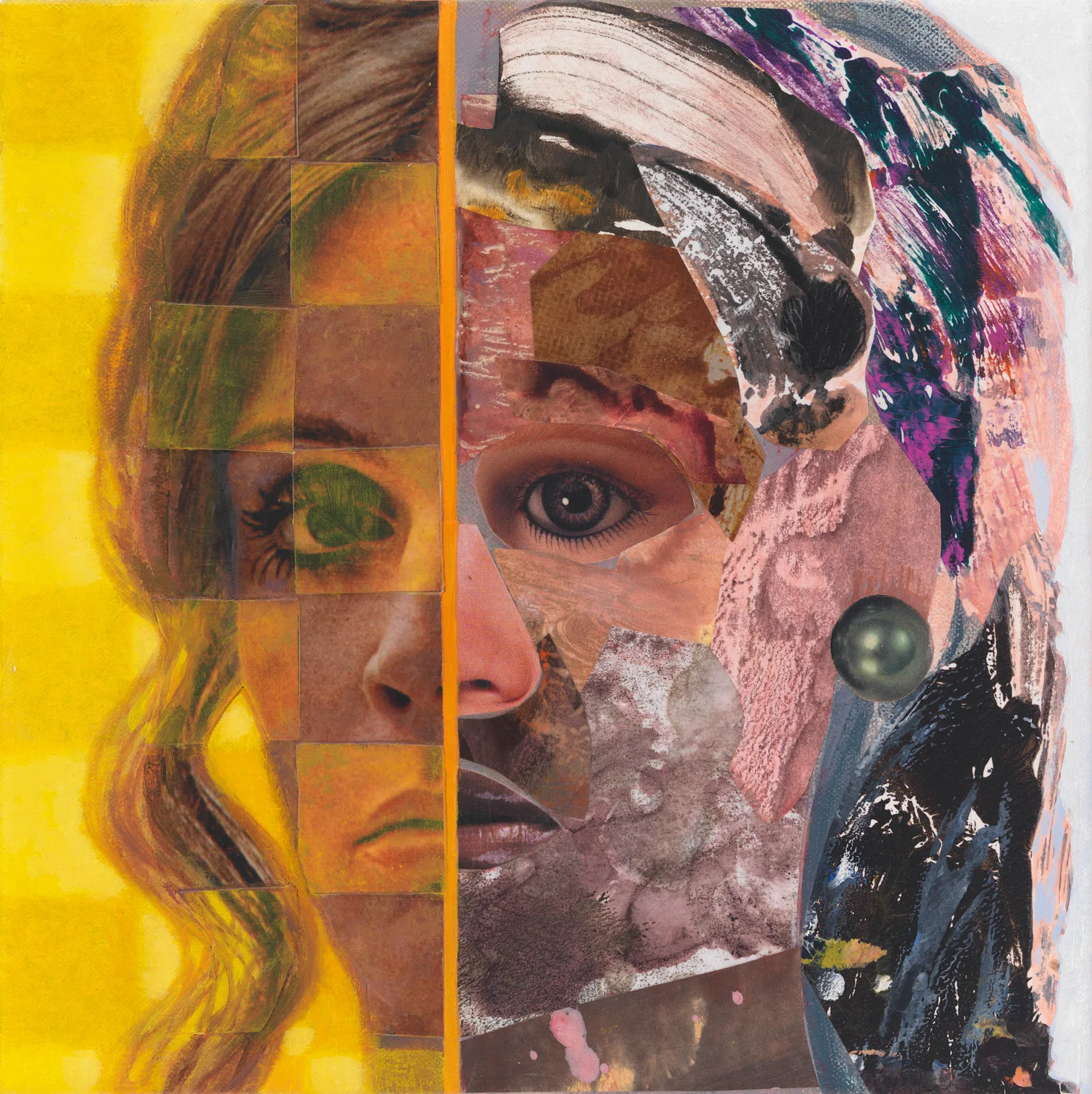 Me Me #3, 2010, acrylic, collage, oil on canvas, 10" x 10"