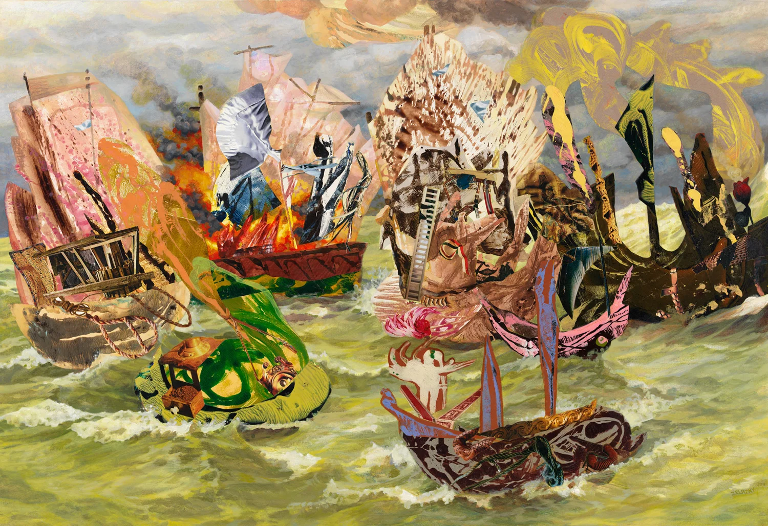 Loose Ships, 2011 acrylic, collage, oil on canvas, 34" x 50"