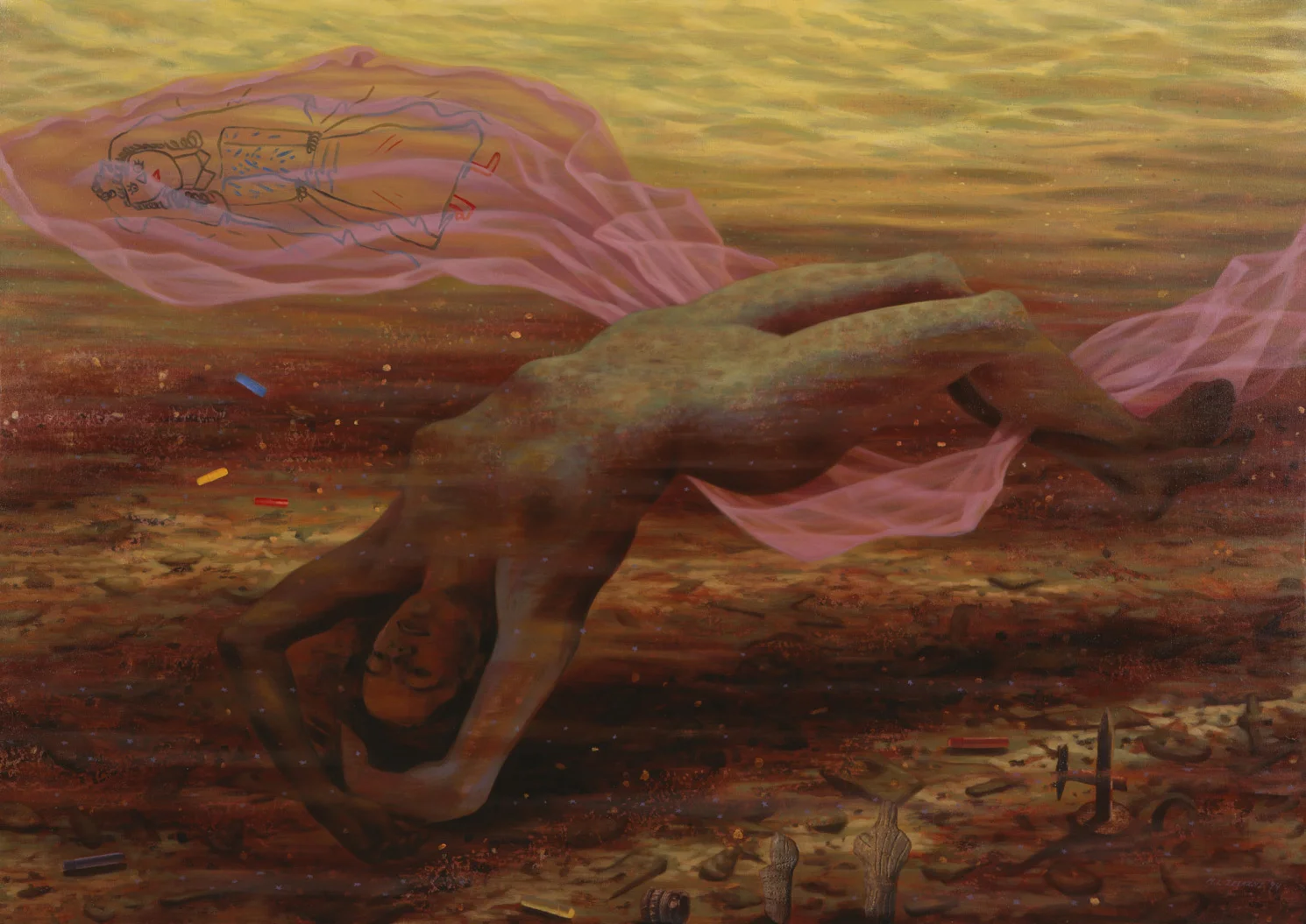 Waiting for History, 1994, oil, collage on canvas, 47" x 67"