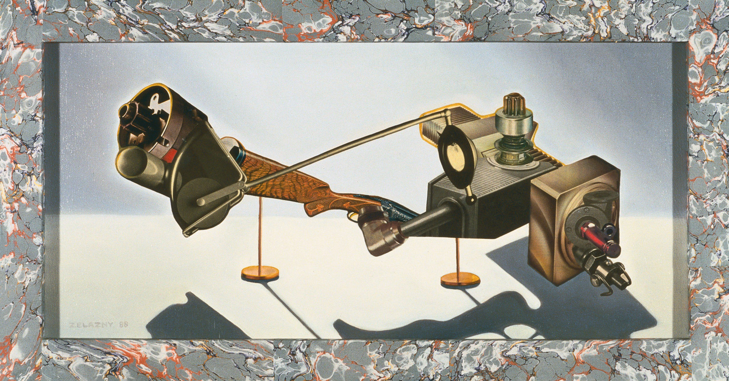 4 Cycle Magneto, 1989, oil, collage on panel, 16.5" x 30.5"