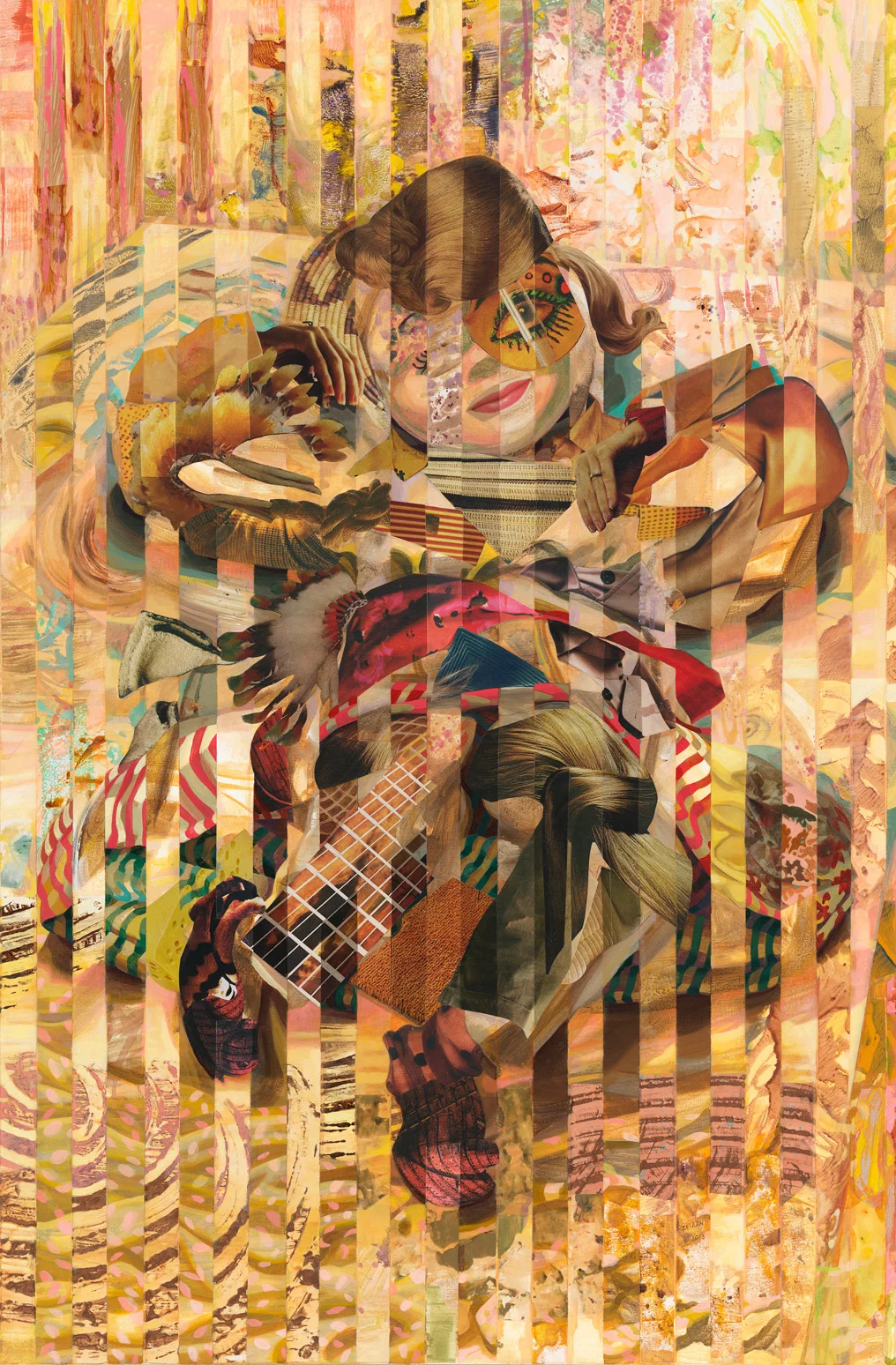 Long Term Hug, 2013, acrylic, collage, oil on canvas, 58" x 38"