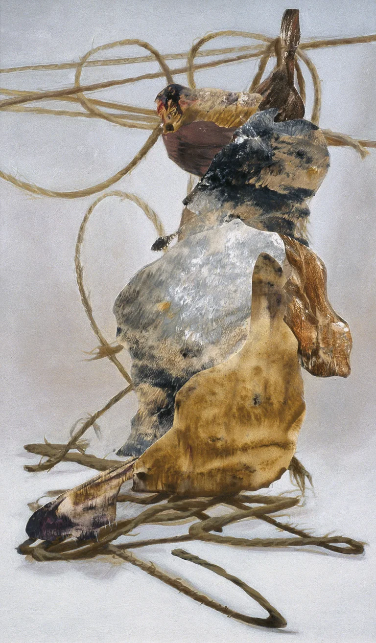 Rope Beast, 2002, acrylic, oil, collage on panel, 16" x 10"