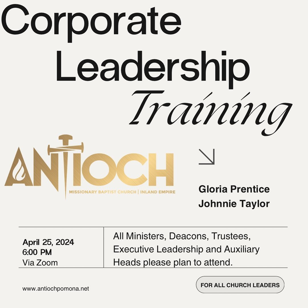 All Minsters, Deacons, Trustees, Executive Leadership ad Auxiliary Heads please plan to attend. 

This training will take place via Zoom at 6:00 PM.

You may access the training link on the website under upcoming events!

#church #leadership