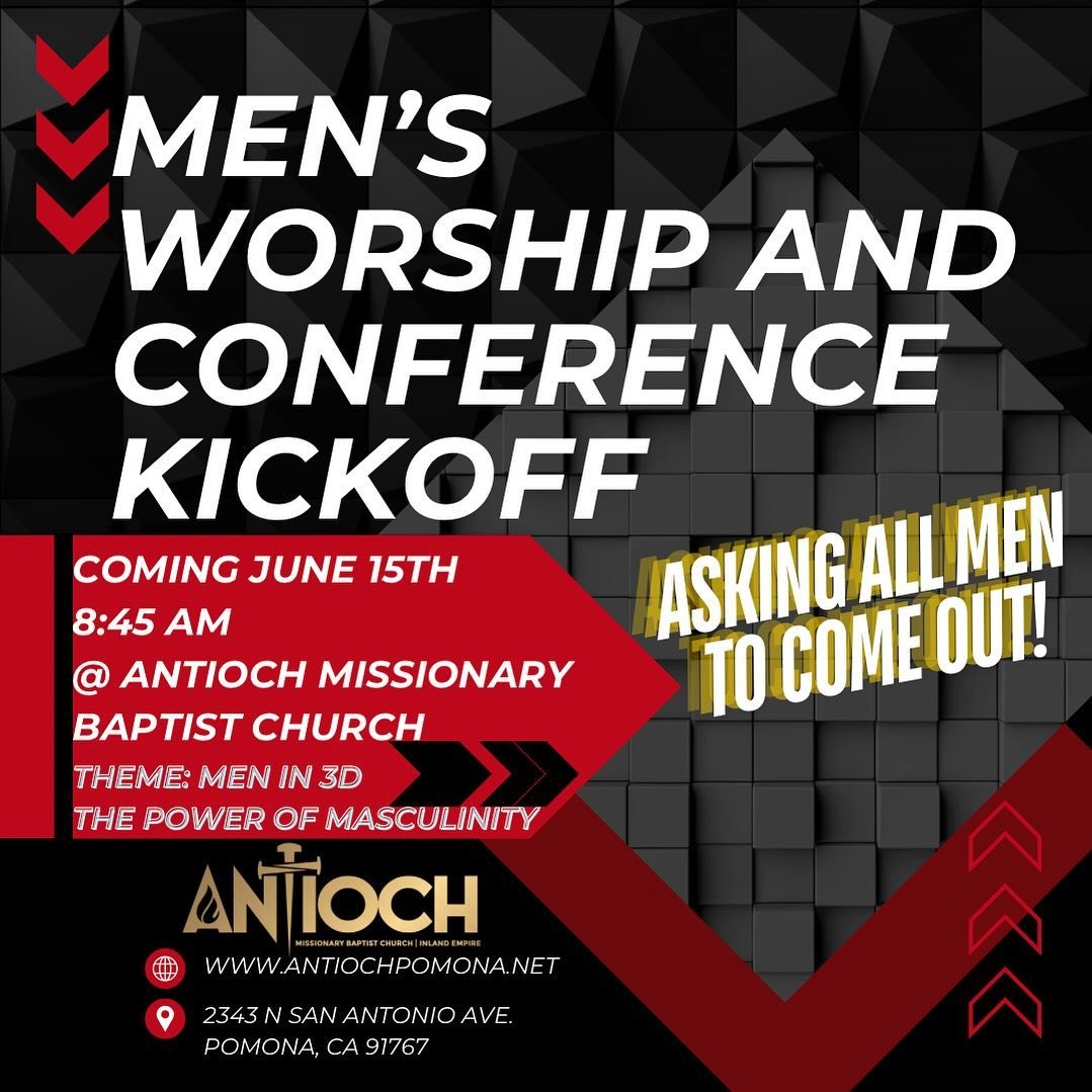 Asking all men to come out and support June 15th @ 8:45 AM!

2343 N San Antonio Ave.
Pomona, Ca 91767

#mensconference