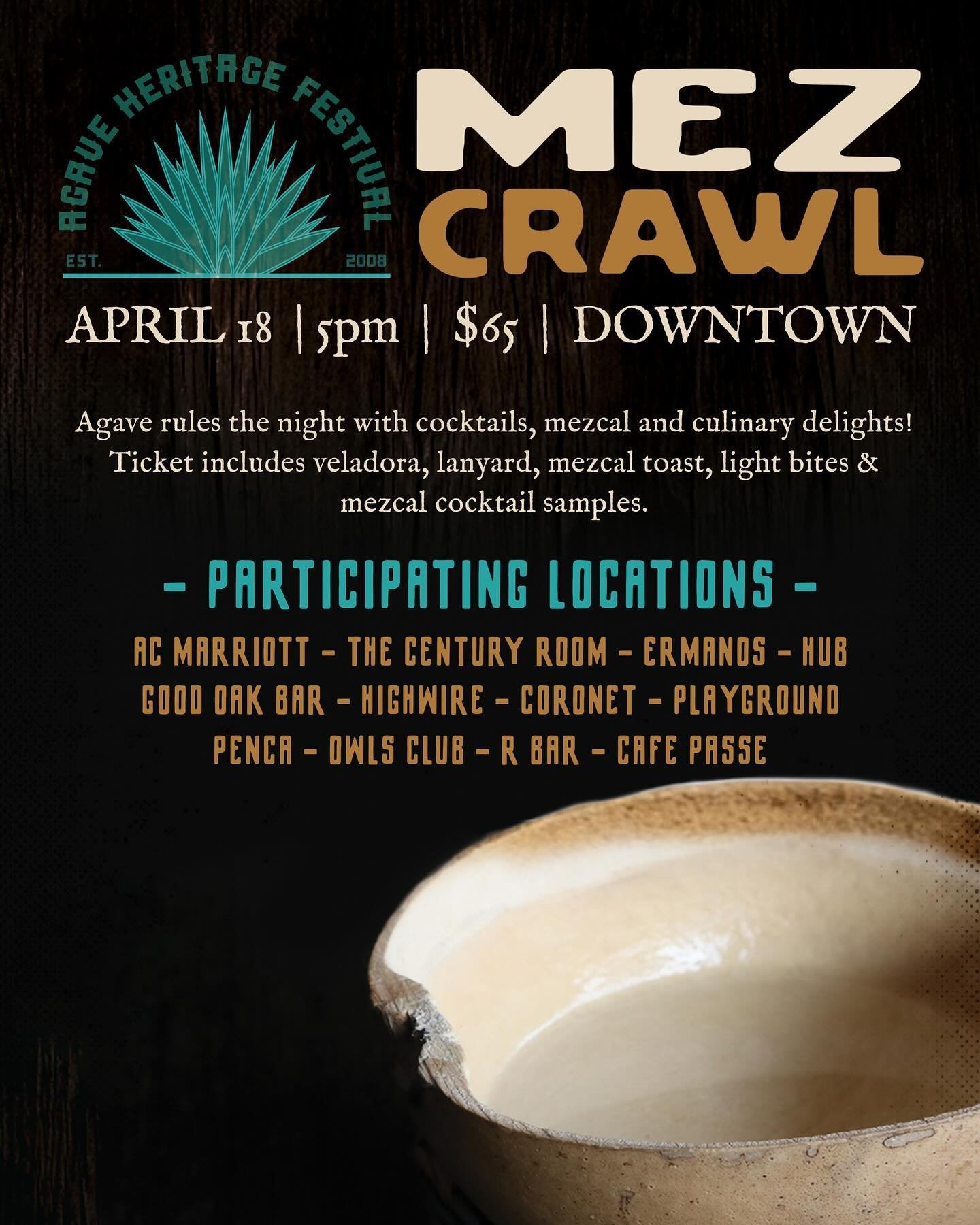 🌵Join us for an unforgettable night celebrating the spirit of agave at Mezcrawl  THIS Thursday, April 18 from 5-11PM in @downtowntucson ! 🌙✨

Get ready to immerse yourself in the rich flavors of mezcal and culinary delights as we kick off the eveni