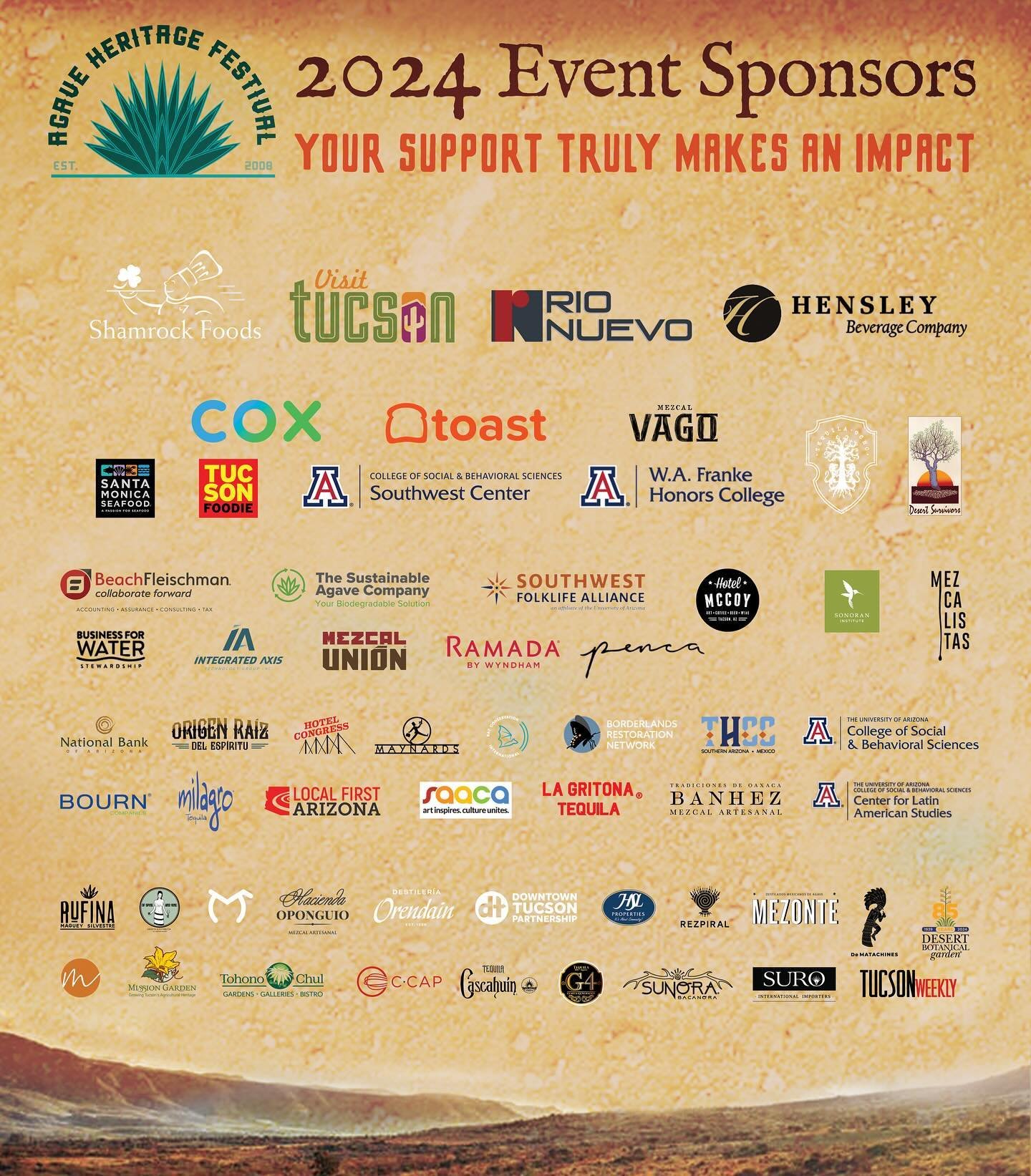 Agave Heritage Festival kicks off TODAY, and it wouldn&rsquo;t be possible without our sponsors! A huge thank you &mdash; your support truly makes an impact. Tagged + @shamrockfoods @visittucson @hensleybeverage @coxcommunications @toasttab @mezcalva
