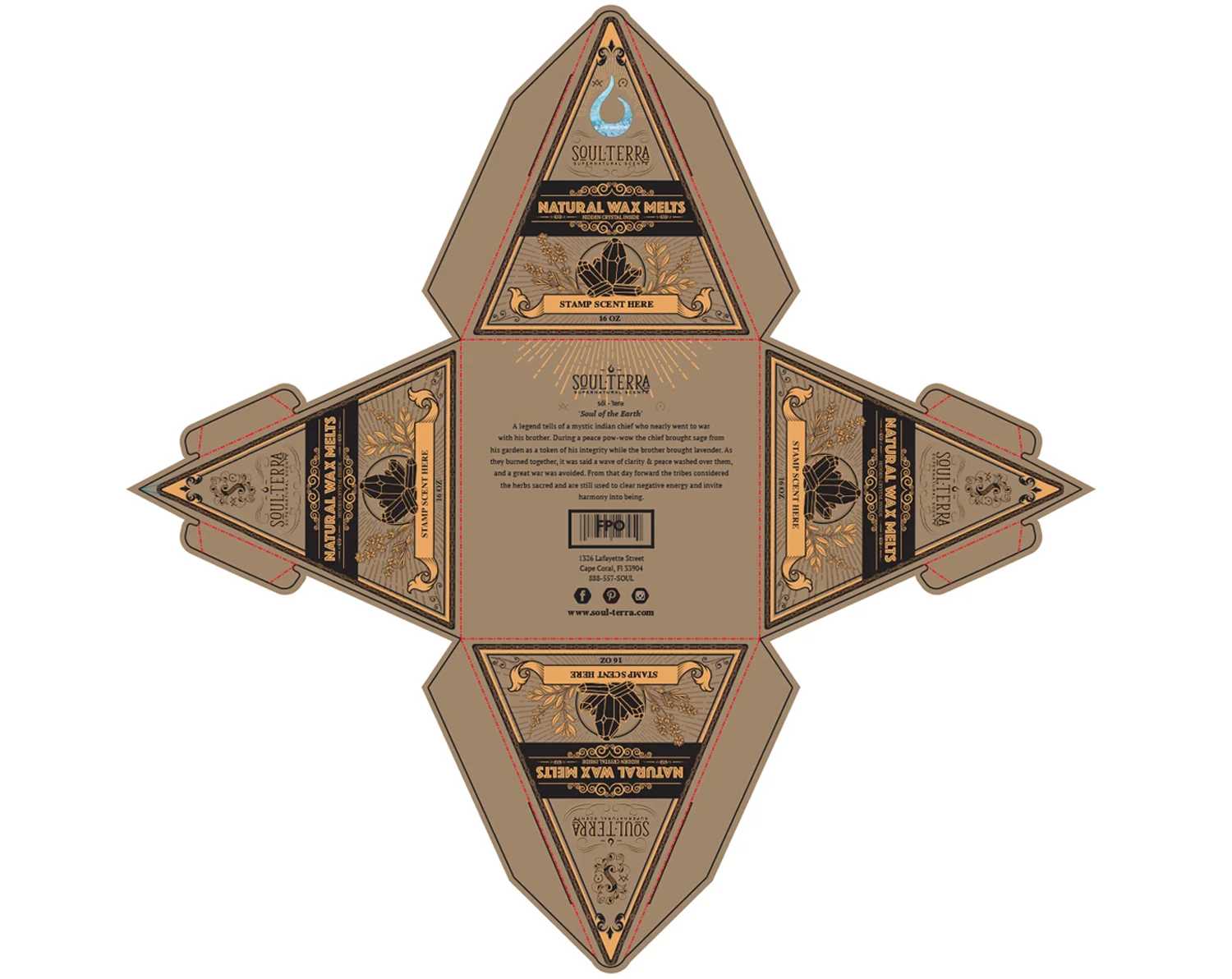 flat layout, gold foil and black print on kraft