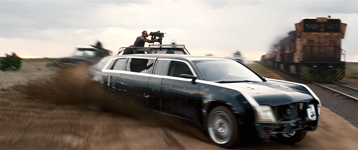 This was a practical shot of a real limo that transitioned into a CG version. The train, the train tracks, the jeep and the reaver are completely CG. I had to do some cleanup to get rid of the real limo in a few frames and add dust and integration.