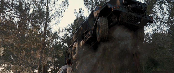 This shot required the removal of a real mrap truck that was in the original plate. I had to re-project the clean plate and apply a different camera move that follow the motion of the mrap that falls on top of X24. 