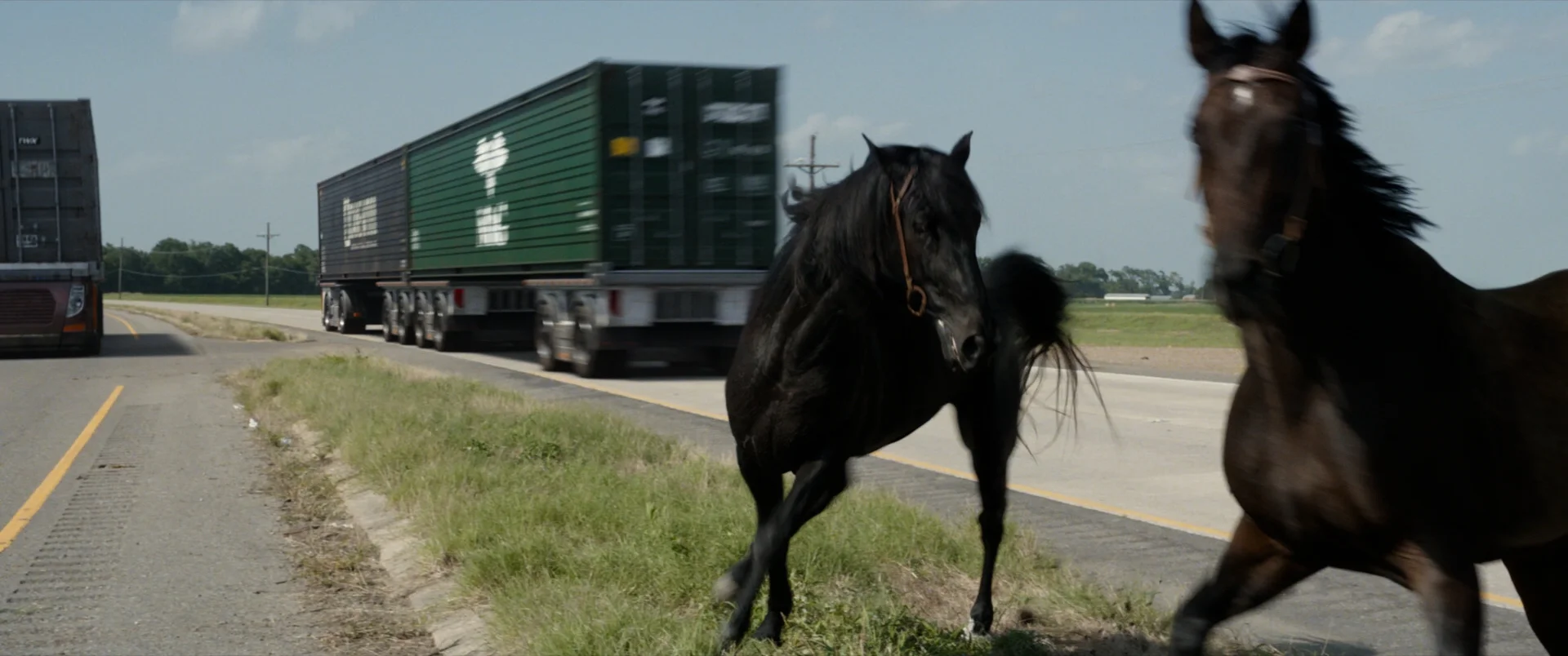 This shot required a massive amount of cleanup to get rid of the guys riding the horses. I had to rebuild much of the horses bodies using projections and all sort of comp tricks. I also received some CG renders of horses to try and replace a few areas where possible. I also added the CG semi-trailer trucks that pass by.