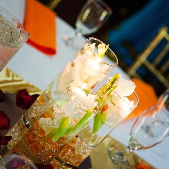 Simple elegance: customized for our client #centerpiece #decor #engagement #reception #wedding #bday #partydecor #ceremony #brides #unique #classy #elegant #simplicity #chic #luxury #design #orange #gold #theme #colors #flowers #florist #candles #eve