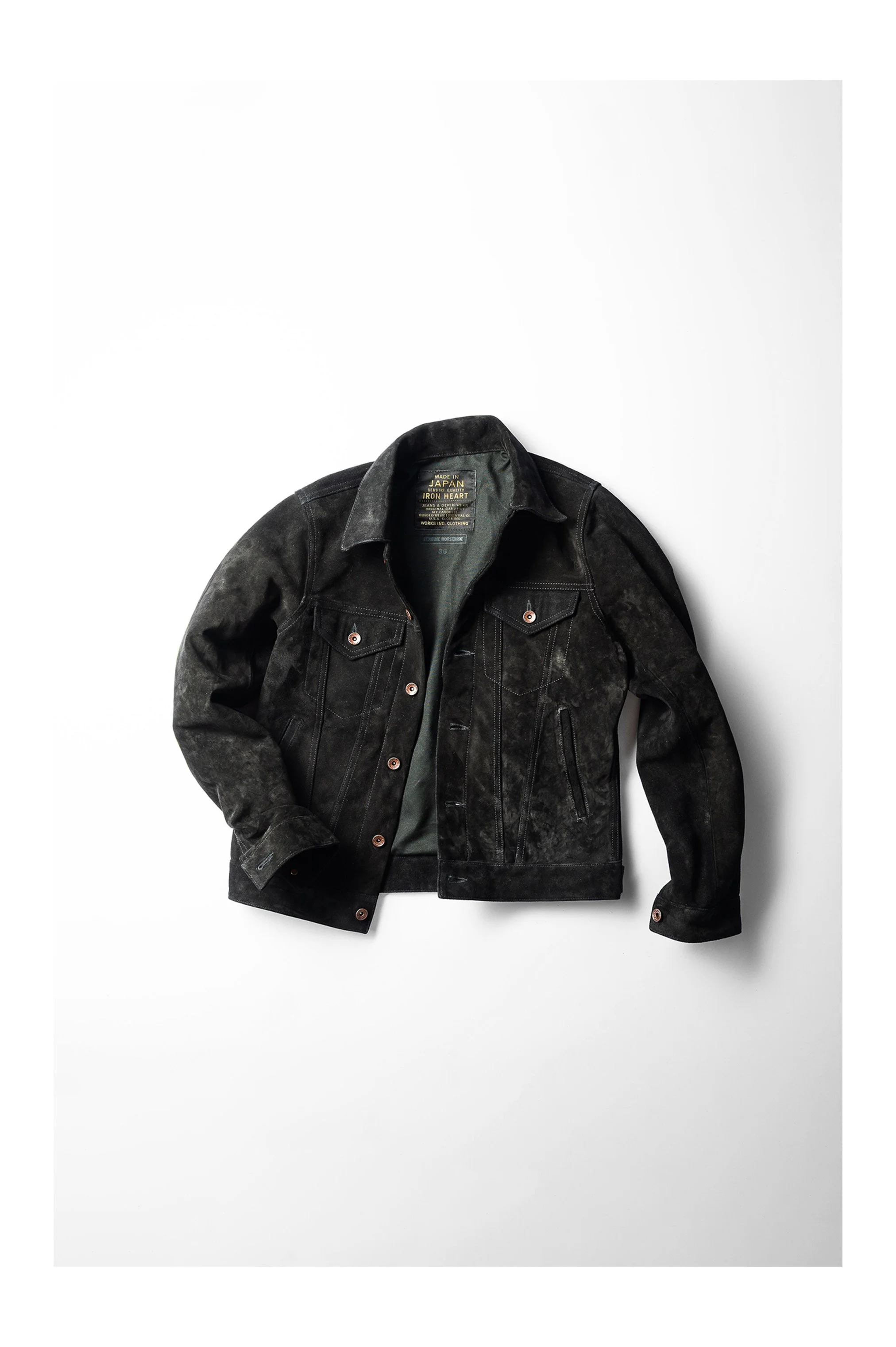 Iron Heart suede trucker jacket, flat lay — commercial apparel photography by Daniel Ponce, San Francisco