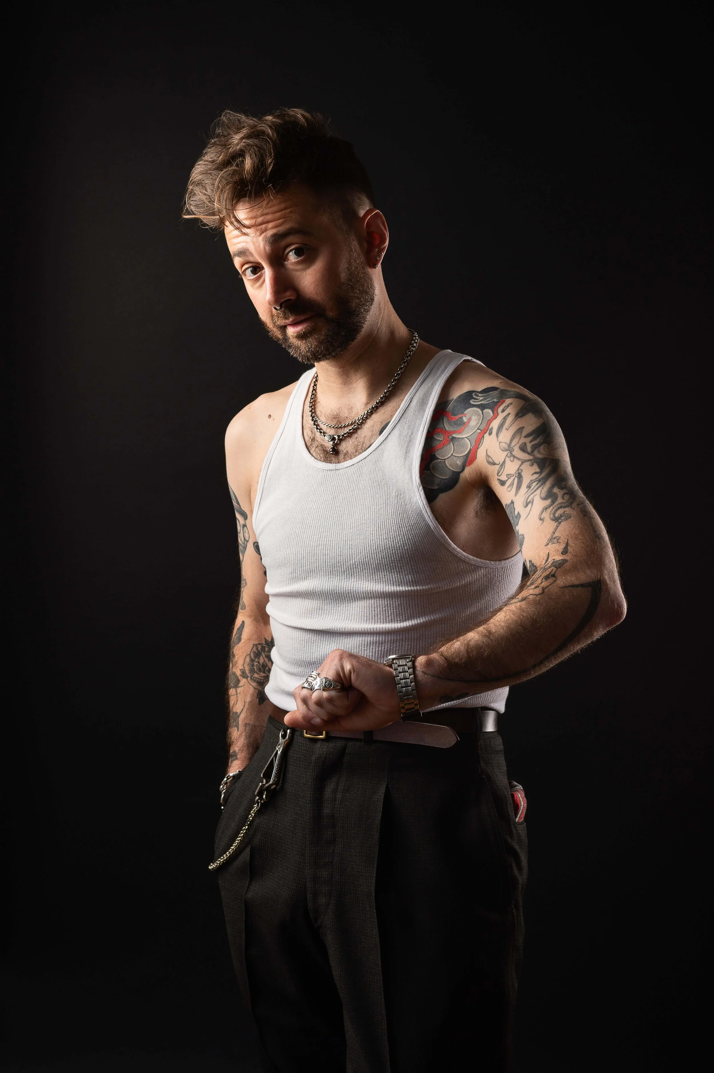 Black and white studio portrait of David Palermini, tank top and tattoos — personal branding photography by Daniel Ponce, San Francisco