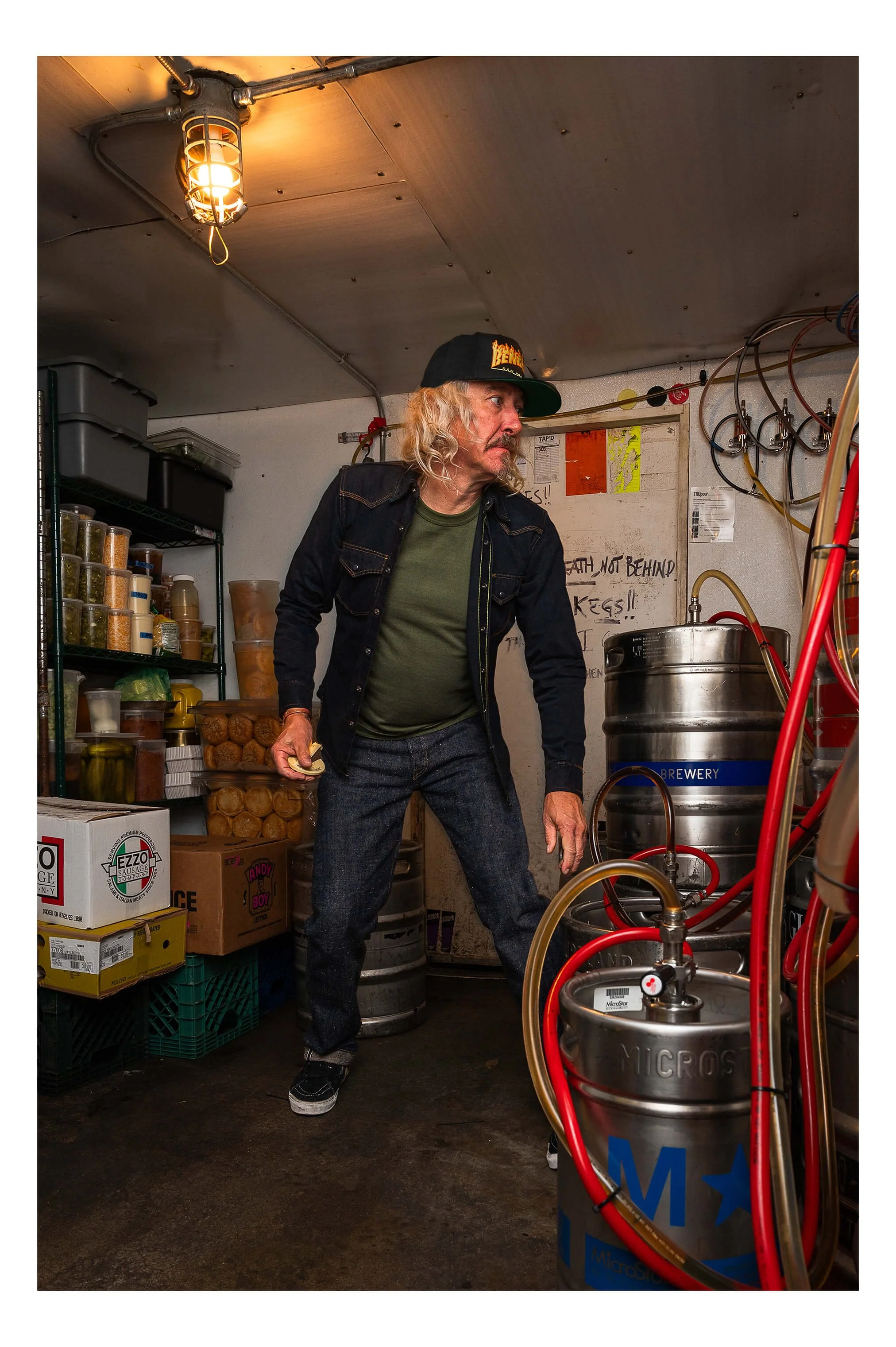 Menswear Lookbook for Self Edge photography in a working bar storage, Benders — commercial lifestyle photography by Daniel Ponce, San Francisco