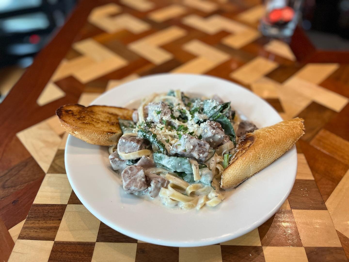 Our lunch special today is steak fettuccine 
alfredo with fresh spinach, Parmesan, garlic bread, &amp; parsley! Soup of the day is chili! PLUS GRAB AND GO LUNCHES! We&rsquo;ll see you for lunch today at Good Fellows!