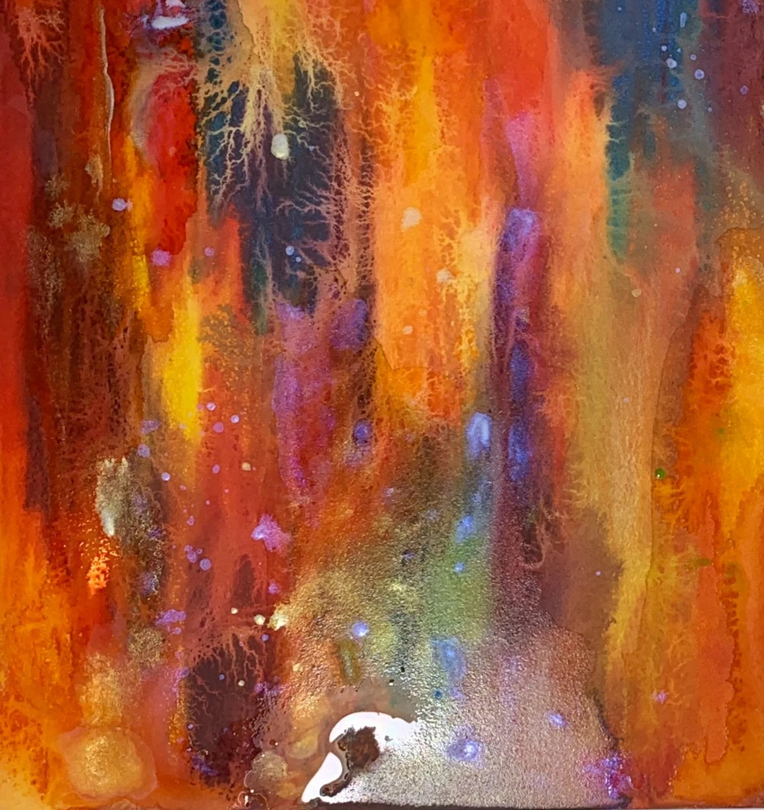 Abstract Background created with Derwent Inktense pencils and Golden Fluid Acrylics. Large amounts of water were used to create this background. The paper was not taped down and stayed flat despite water pooling on it, to create running and mixing of the acrylic paint and ink. Two layers of wet medium were applied and the tooth of the paper remained the same, enabling many layers of colour pencil to be applied to the surface and on top of the background painting.