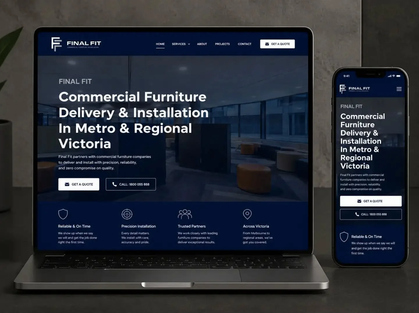 The complete Tradie Package for our client Final Fit. 

Completed work:
Branding
3 x vehicle wrap designs 
Website
Email Signature 
Business Cards
Letterhead 
Quote &amp; Invoice Templates.

These guys have absolutely everything they need to stand ou