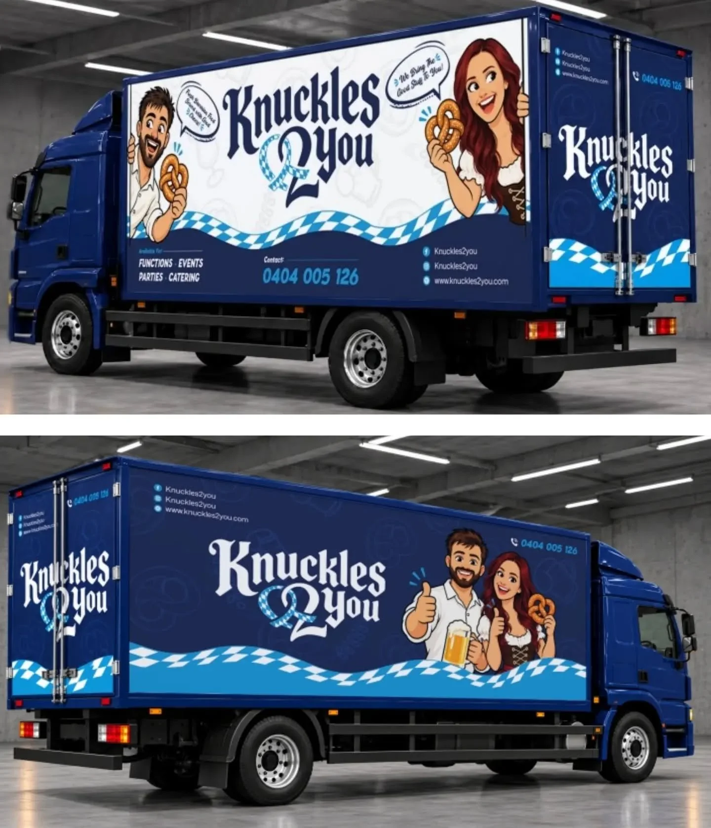 Branding and food van wrap we designed for Knuckles 2 You 🥨

We wanted to celebrate the family behind the business and their Bavarian heritage, incorporating the Bavarian flag ribbon, bold blue tones and custom illustrations of the owner's, bringing