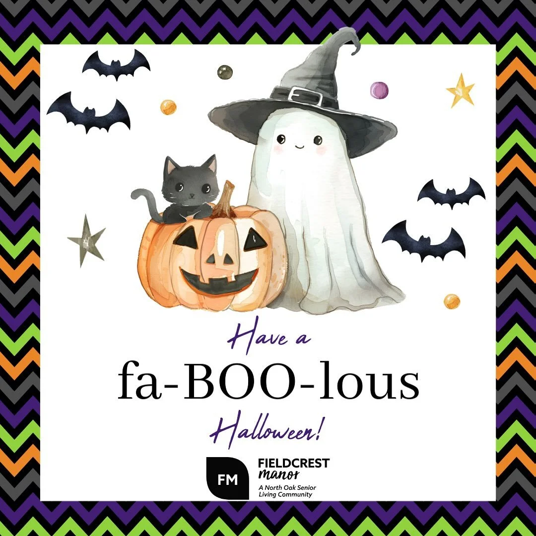 Our ghosts are friendly, our pumpkins are glowing, and our residents are all treats, no tricks! 🎃👻
.
Have a fab-BOO-lous Halloween from all of us at Fieldcrest Manor!
.
#AssistedLiving #SeniorLiving #HappyHalloween
