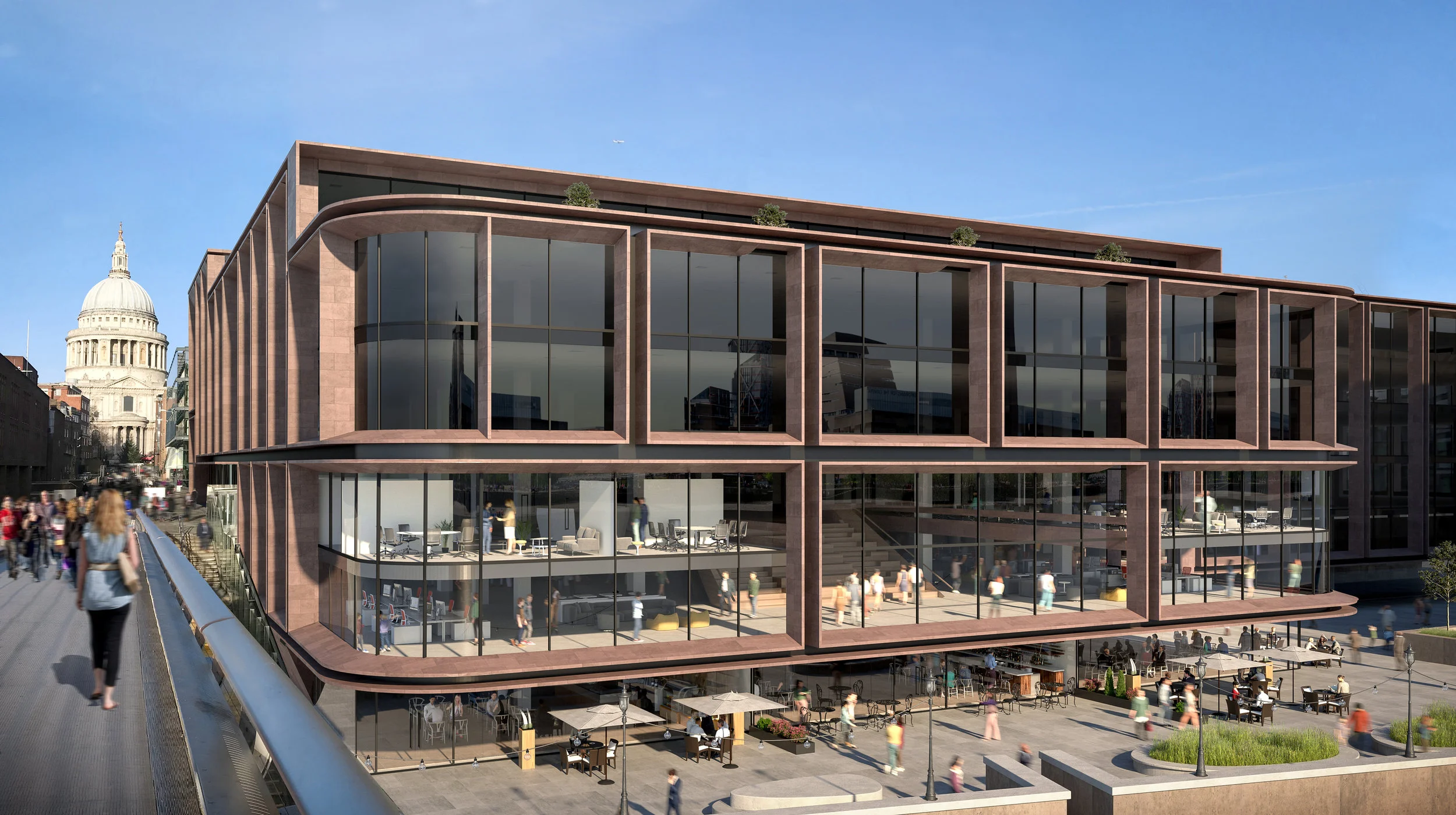 A new restaurant is proposed at the base of Millennium Bridge House, opening up the use and access of the building to the public and providing a lively amenity along the northern bank of the Thames.