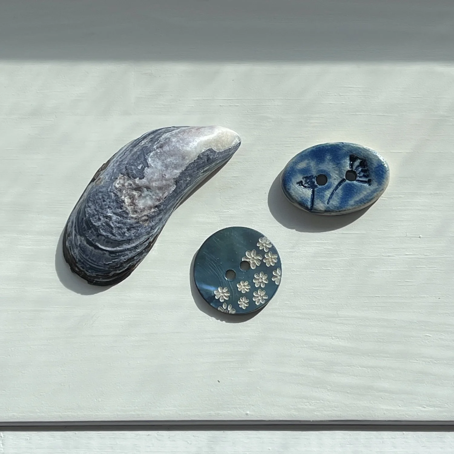 Vanleg knapp, knapp i keramikk og blåskjell