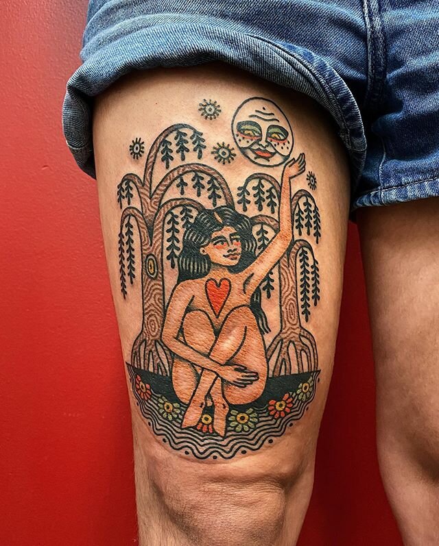 A womxn sitting in the mangroves, under the moon 🌝❤️ lovely to see you again Clea! Made at @westside_tattoo_mermaid_beach
