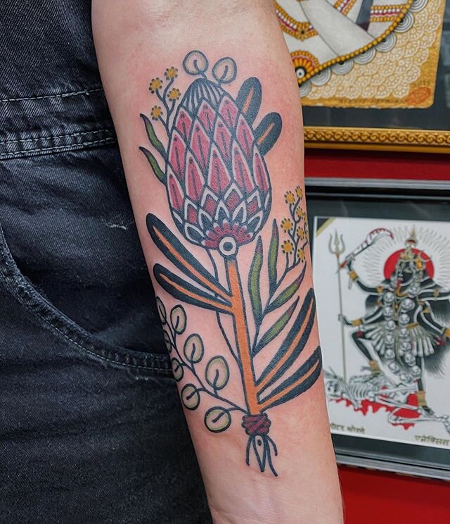 A protea, eucalyptus and wattle for Claudia! A memento in memory of her grandmother. This tattoo was originally booked in pre-COVID19, and Bodhi suggested to reschedule the appointment to June 18. Turns out the new date was Claudia&rsquo;s grandmothe