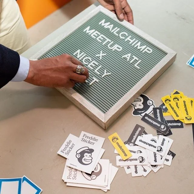 Doing what we love 💛 Event Setup at the Quarterly @mailchimp Meetup Atlanta hosted by our friends @builtnicely 📷: @ladyflashback .
.
.
.
#network #mailchimp #nicelybuilt #mailchimpmeetupatlanta #ecommerce #digitalmarketing #atlanta #hustlers #never