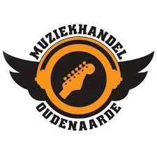 Logo with a black winged circle, an orange guitar headstock in the center, and the words "MUZIEKHANDEL OUDENAARDE" around and beneath the circle.