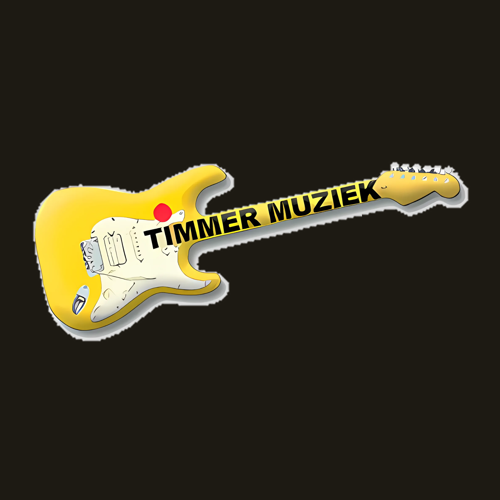 Illustration of a yellow electric guitar with the words ‘Timmer Muziek’ on the neck, against a black background.