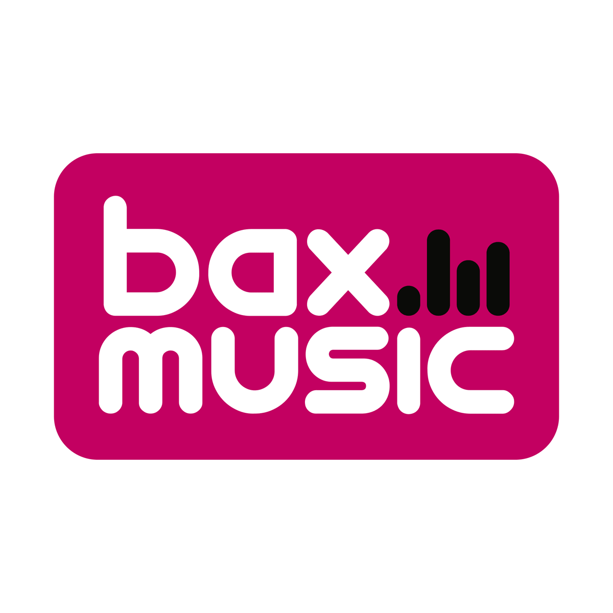 Logo of BAX Music with pink background, white lowercase letters, and a black bar chart icon.