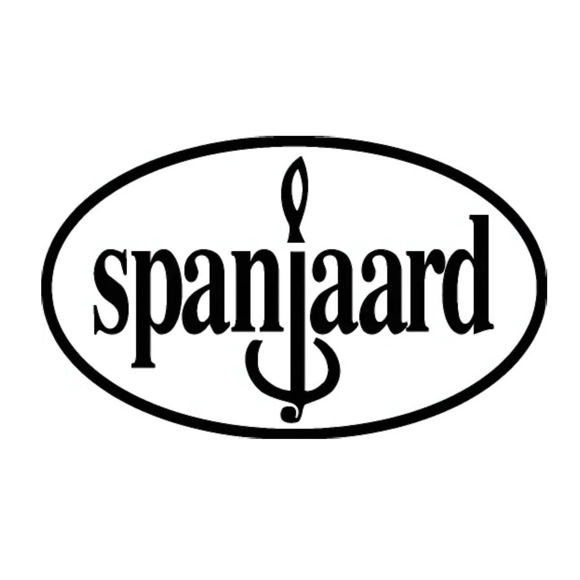 Black and white logo for a brand called 'Spanziard' with a stylized candle or flame above the text, enclosed in an oval border.