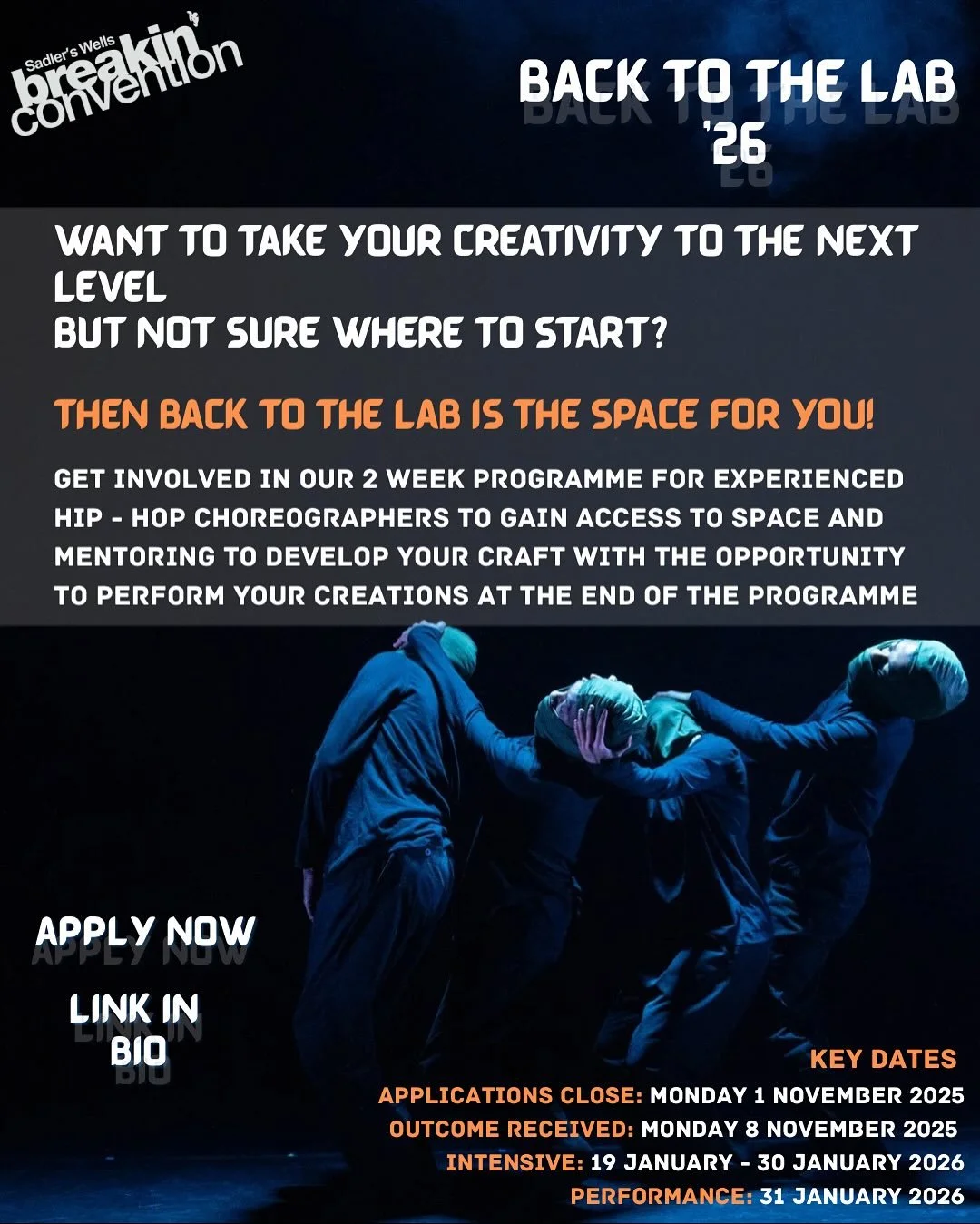 JOIN US IN THE LAB🧪

Back to the Lab &lsquo;26 applications are now open💥 Don&rsquo;t miss out on an exciting opportunity to grow and transform your craft. Use the space as your blank canvas and use your movement to embody your vision✨

🚨DEADLINE 