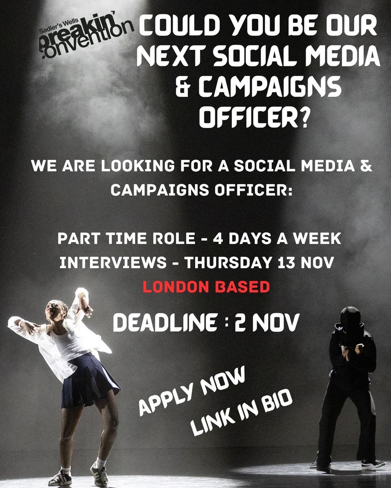 Could you be our next Social Media &amp; Campaigns Officer? 💥

Only a few days left to apply! 
Applications closing at 11:59PM on Sunday 2nd of October. 

Join the Breakin&rsquo; Convention Team, the powerhouse behind a hip hop theatre revolution!

