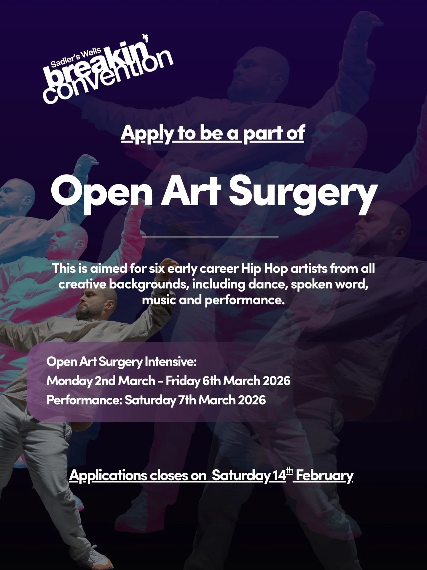 Apply Today to be a part of Open Art Surgery 2026 |
Link in bio 🩺

An intensive for Hip Hop artists open to all creative backgrounds. A space to develop and to be guided by our handpicked mentors to evolve your creative practice.

Key Information:
2