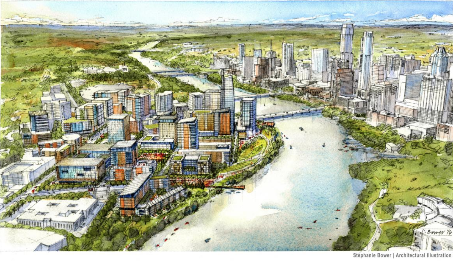 A rendering of the potential development to take place in future years on the south shore of Lady Bird Lake, across from downtown.
