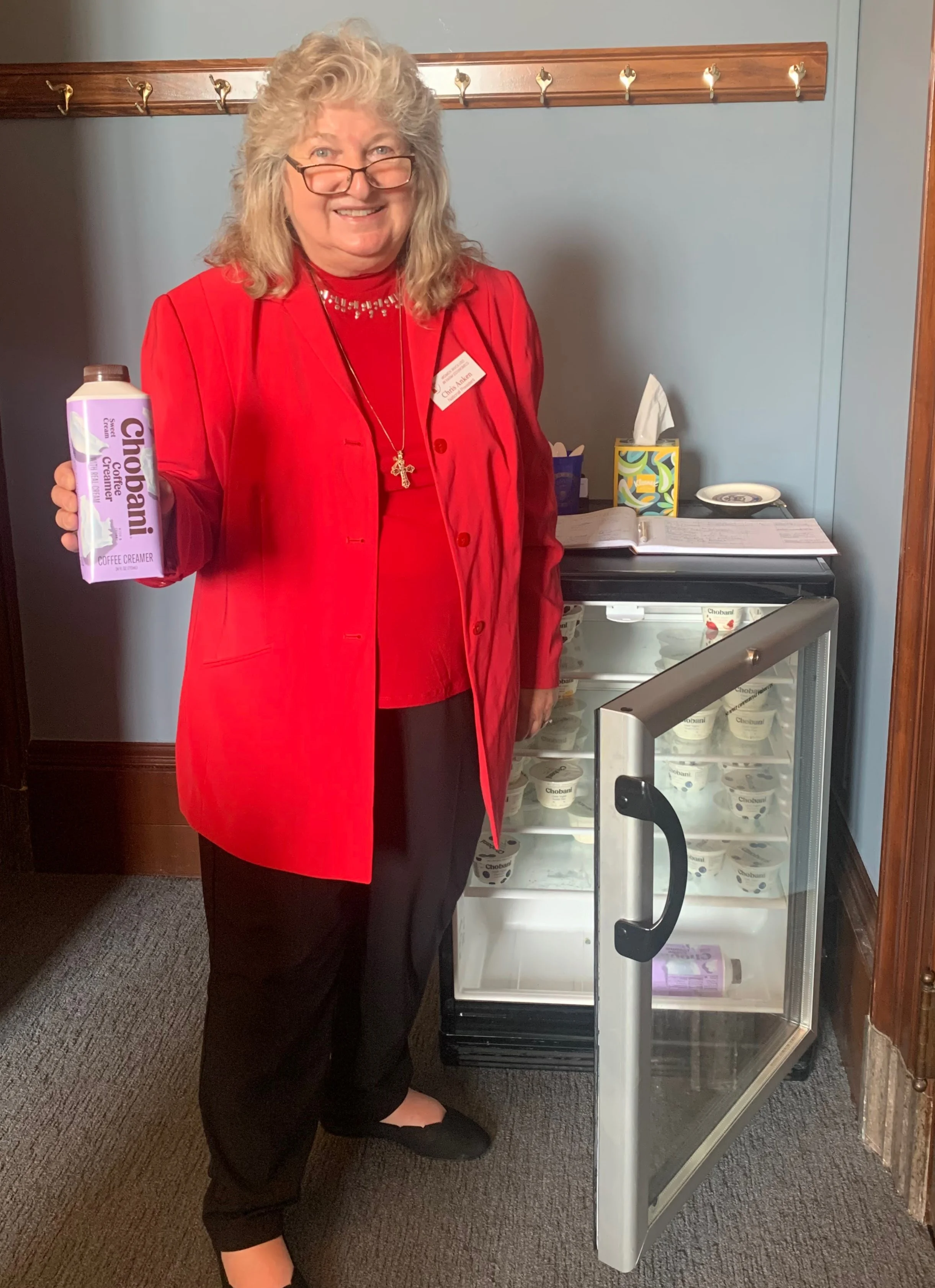 While National WIFE President Chris Anken (a dairy farmer from New York) and Kerry Froese were waiting to talk to the agriculture aide for Senator Gillibrand , they noticed the Chobani dairy products in the office refrigerator. Chris was excited to s