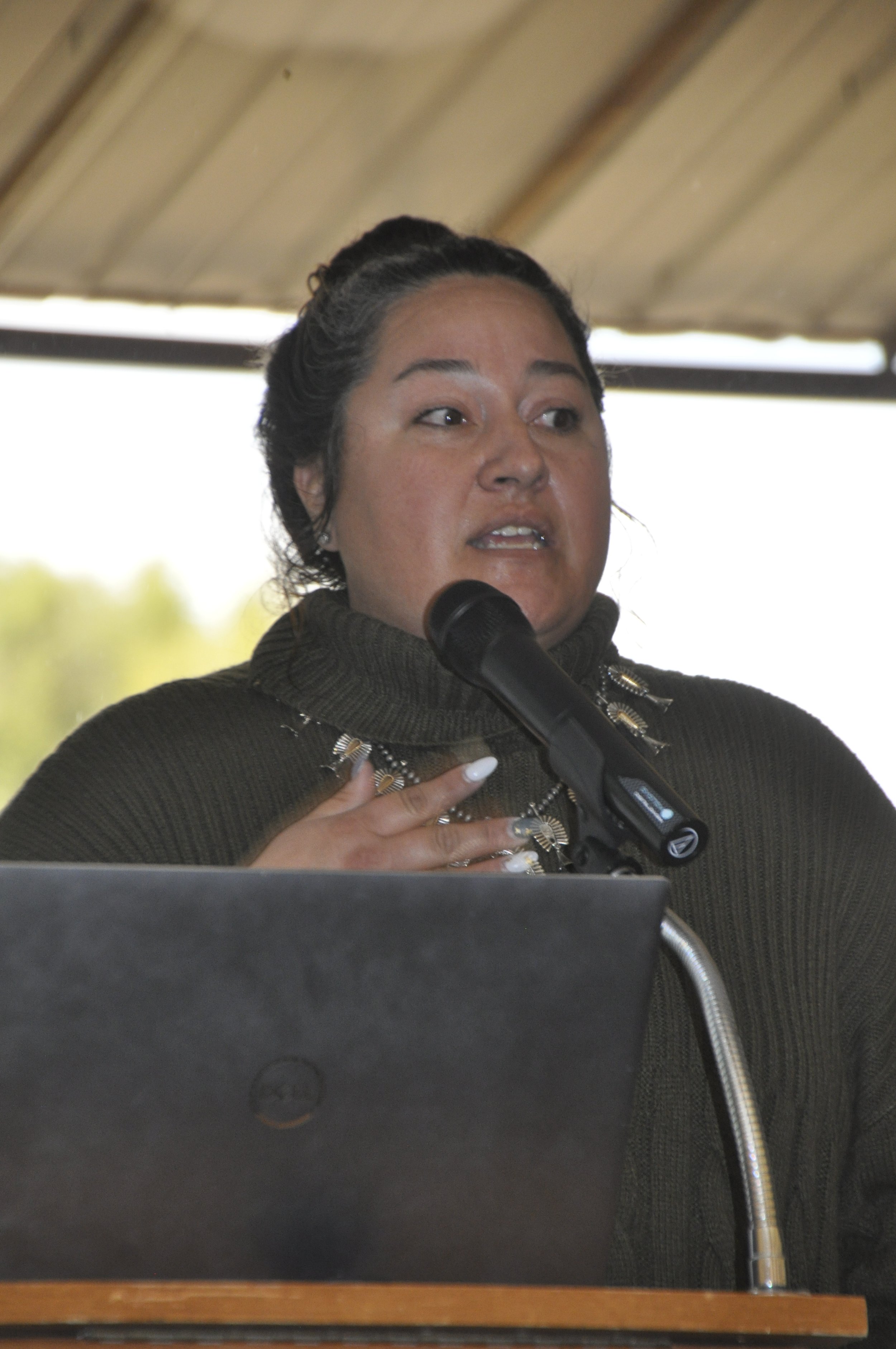 A woman speaking at a podium with a microphone in front of her.