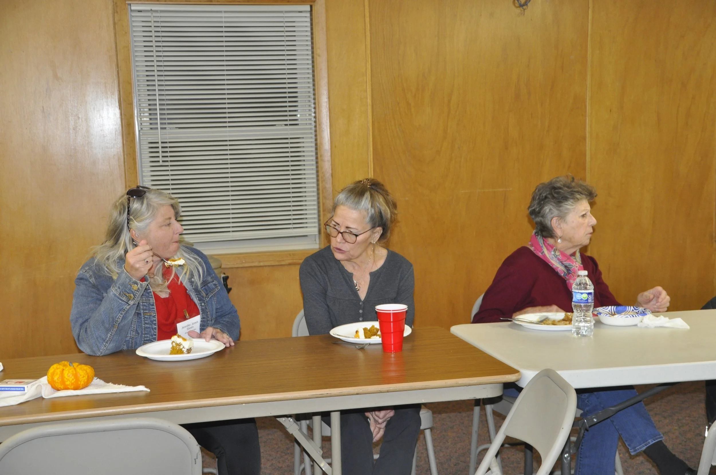 Three women sitting at a table with plates of food and drinks, engaged in conversation in a room with wood-paneled walls and a window with closed blinds.