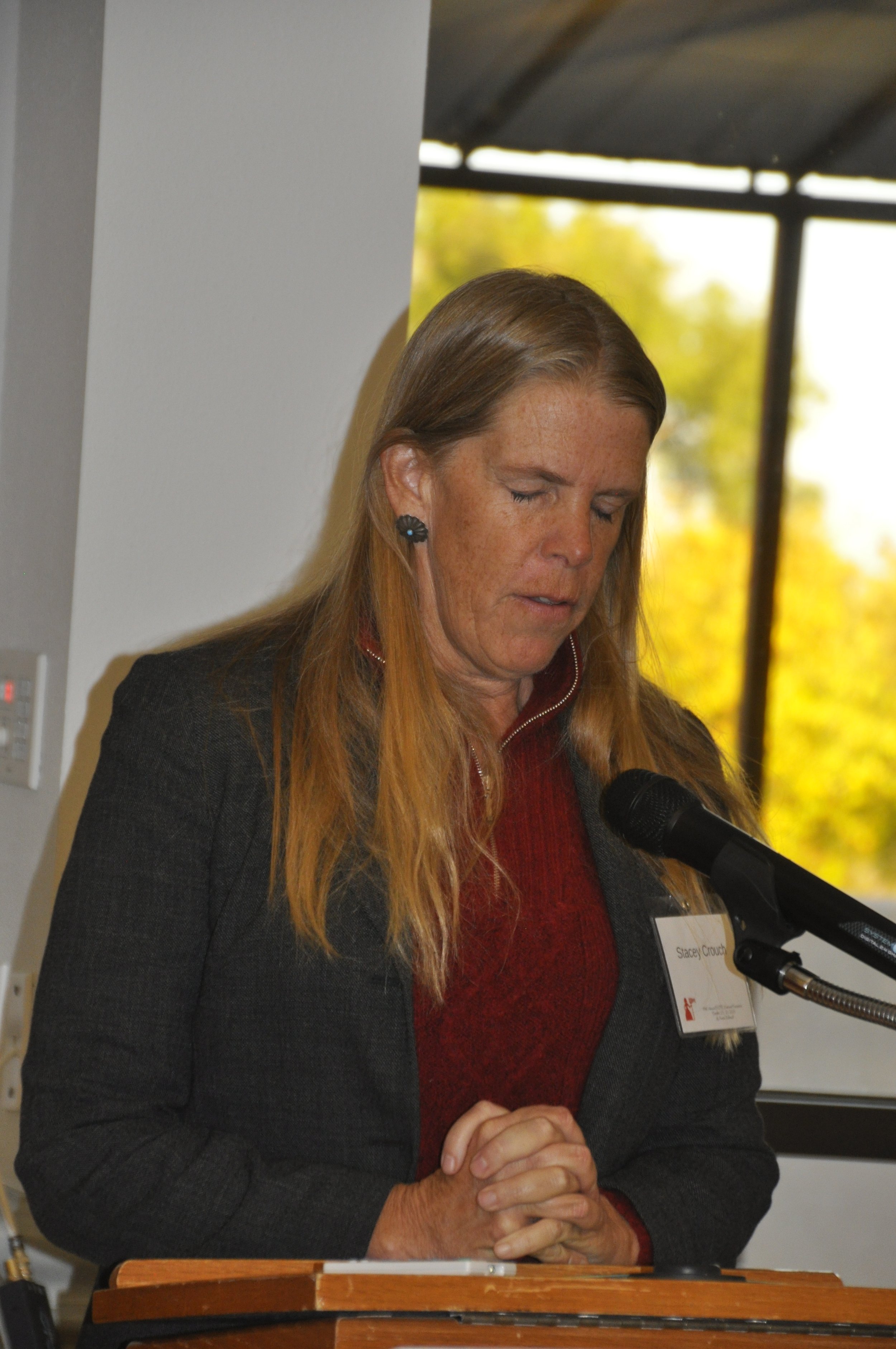 A woman with long red hair and freckles, wearing a dark blazer and red top, is speaking into a microphone. She is standing at a podium, with her hands clasped together, and appears to be giving a speech or presentation. Behind her, there is a window 