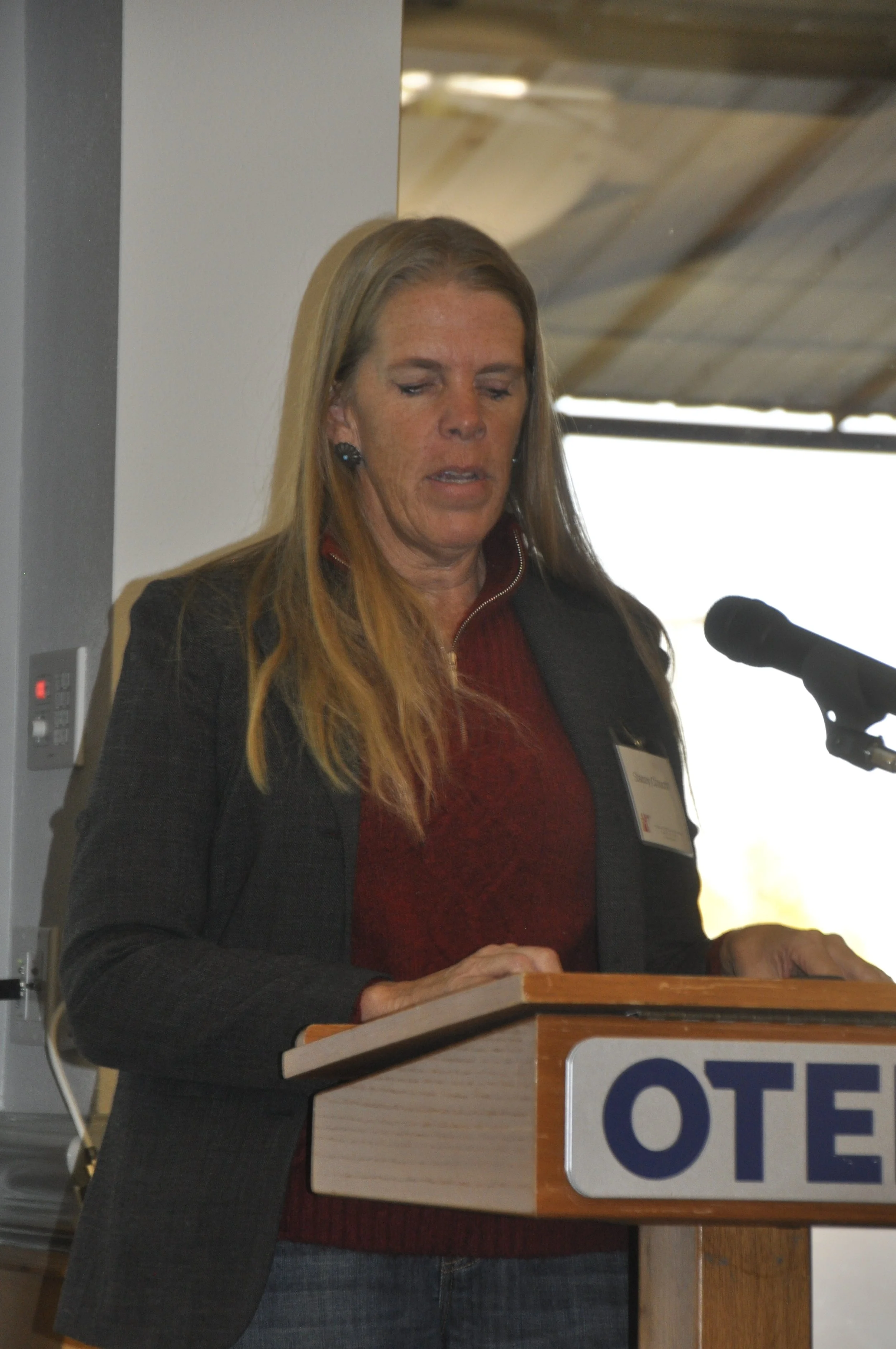 A woman with long brown hair wearing a dark blazer and a maroon top speaking at a podium during an event.