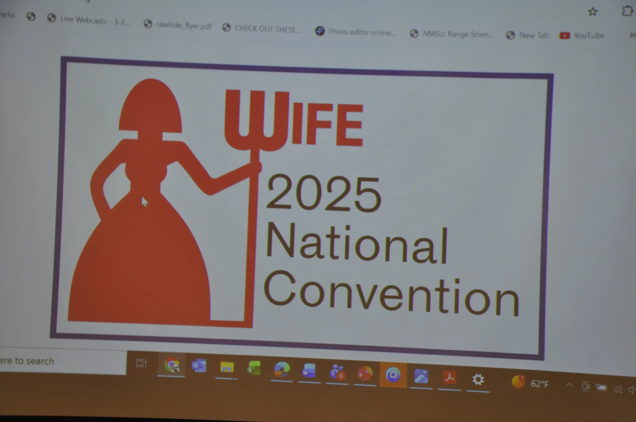 This is a computer screen displaying a logo for the 2025 National Conference, featuring a stylized orange silhouette of a woman with long hair holding a scepter. The background is white with a purple border. The top of the screen shows multiple open 