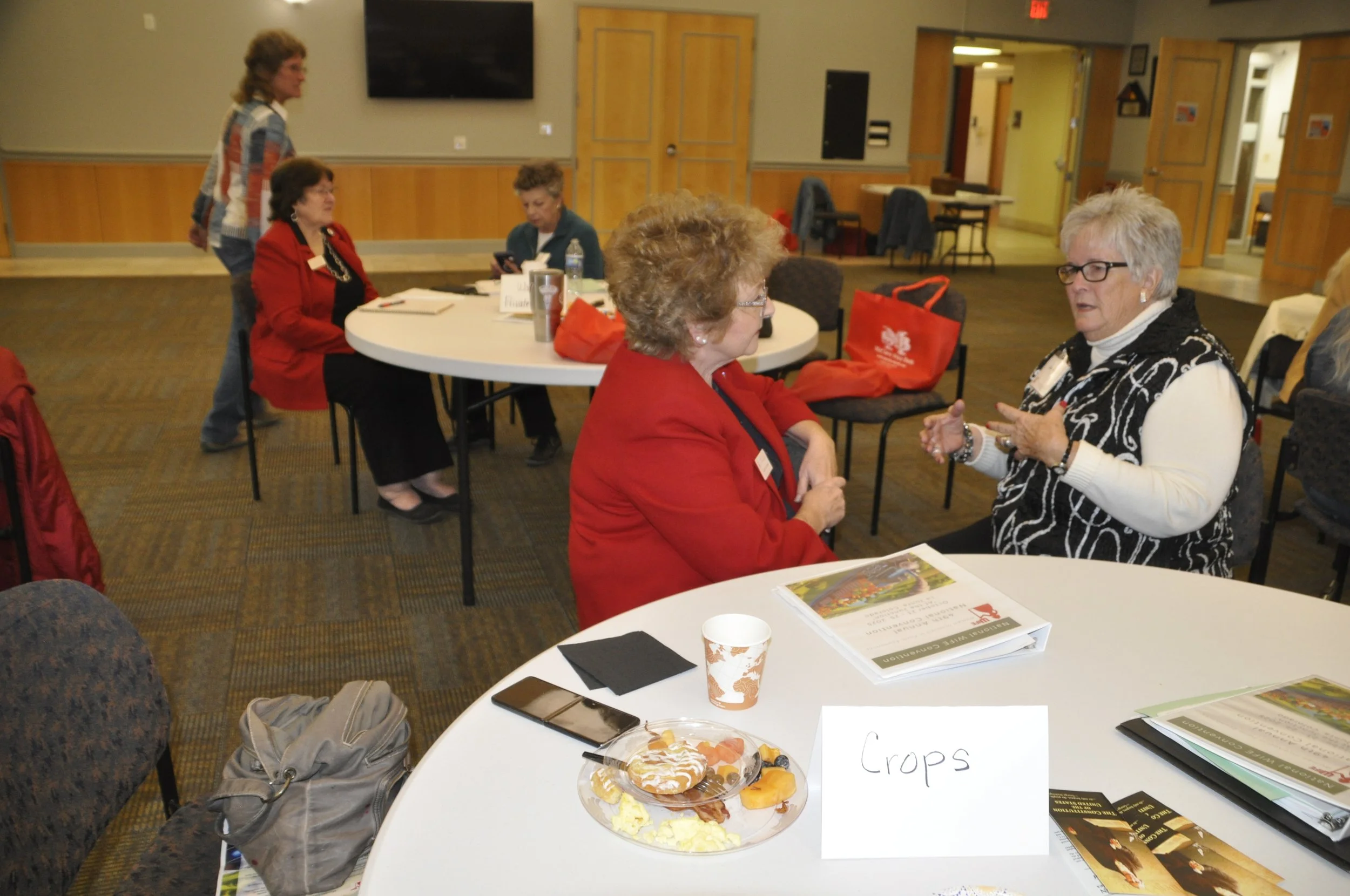 Group of older women engaged in conversation at a conference or event, seated around tables with brochures, food, and beverages, in a conference room setting.