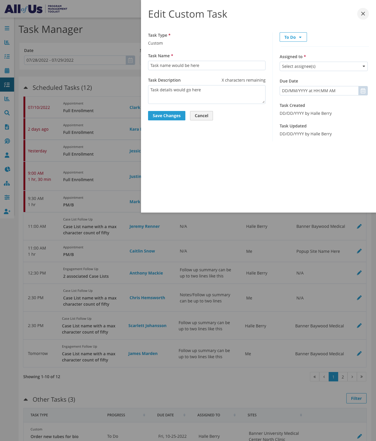 task manager, second user test, edit custom task drawer